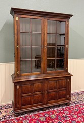 Antique English Large Bookcase Bookshelf Cabinet Double Door Glass Oak c. 1910s
