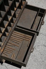 Antique Apothecary Wood Cabinet drawer hardware tool box cubby slot mail vintage
