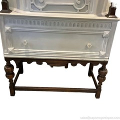 Vintage China Cabinet Painted Gray w Natural Dark Wood Carvings Interior Storage