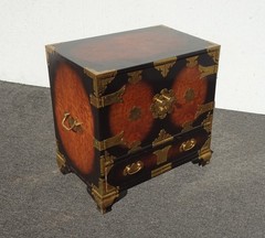 Vintage Asian Korean Tansu Style Burl Cabinet Side Table w Brass Hardware