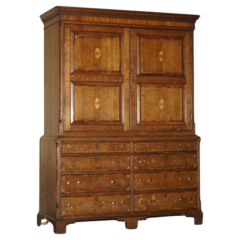 EXQUISITE ANTIQUE 1800 SHERATON INLAID HOUSEKEEPERS CUPBOARD WARDROBE DRAWERS