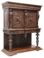 Antique Cupboard, French Renaissance Revival, Carved Oak, Shelf, Drawers, 1800s