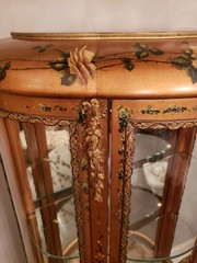 Antique Hand Painted Roses Wooden Curved Glass Curio Cabinet w/ Ormolu Trim