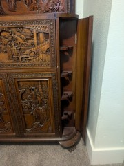 George Zee Mid Century Asian Hand Carved Teak Dry Bar Cabinet