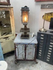 Antique vintage dental medical industrial cabinet, mid-century modern metal blue