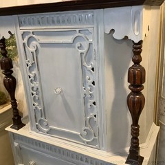 Vintage China Cabinet Painted Gray w Natural Dark Wood Carvings Interior Storage