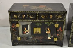 Vintage Chinese Oriental Small Asian Black Lacquer Painted Cabinets – a Pair