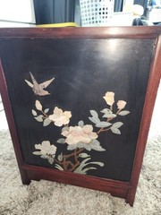 Vintage Chinoiserie Chinese Black Lacquer Hard Stone Finish Art Console Cabinet