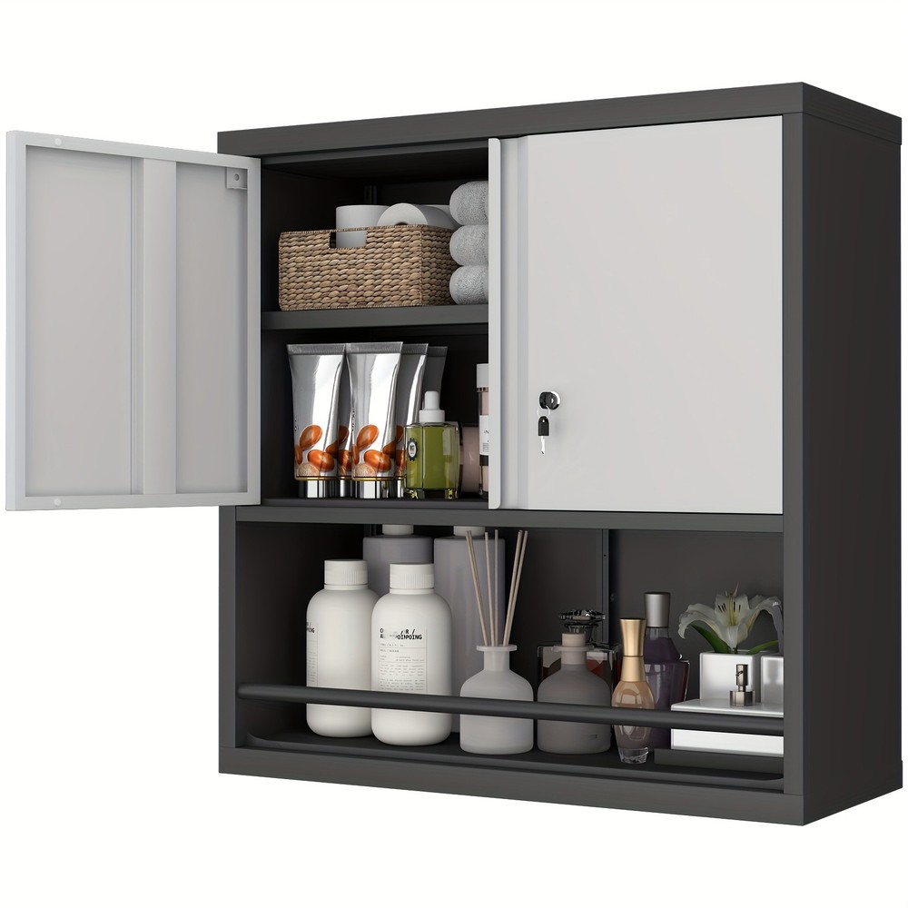 Black+Gray Wall-Mounted Metal Cabinet With Lock Adjustable Shelves