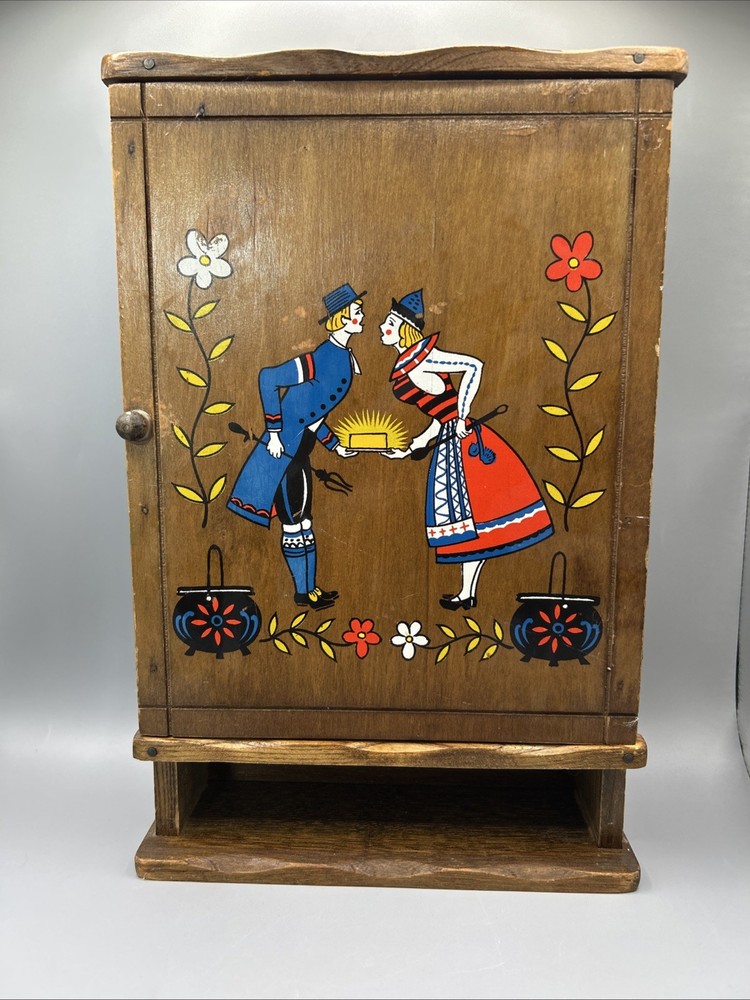 Antique Folk Art Hand Painted Wooden Wall Cabinet w Door, Shelves 12”Tx7.75”Wx2”