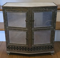 EXCELLENT VINTAGE 4 DOOR METAL CABINET W/ MARBLE TOP METAL LINED DOORS