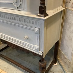 Vintage China Cabinet Painted Gray w Natural Dark Wood Carvings Interior Storage