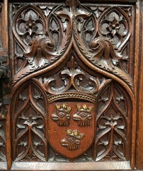 Antique French Gothic Carved Oak Cabinet Heraldic Crest Iron Hardware
