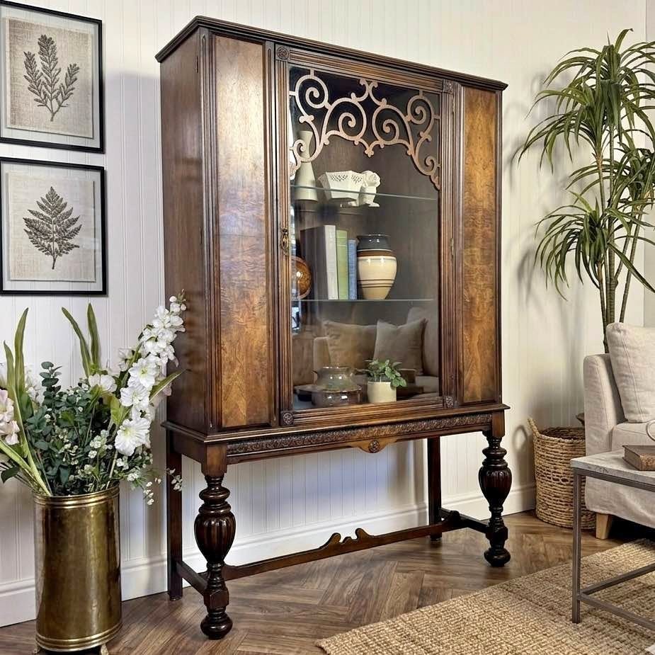 1930s Jacobean Revival Burl Walnut Display Cabinet