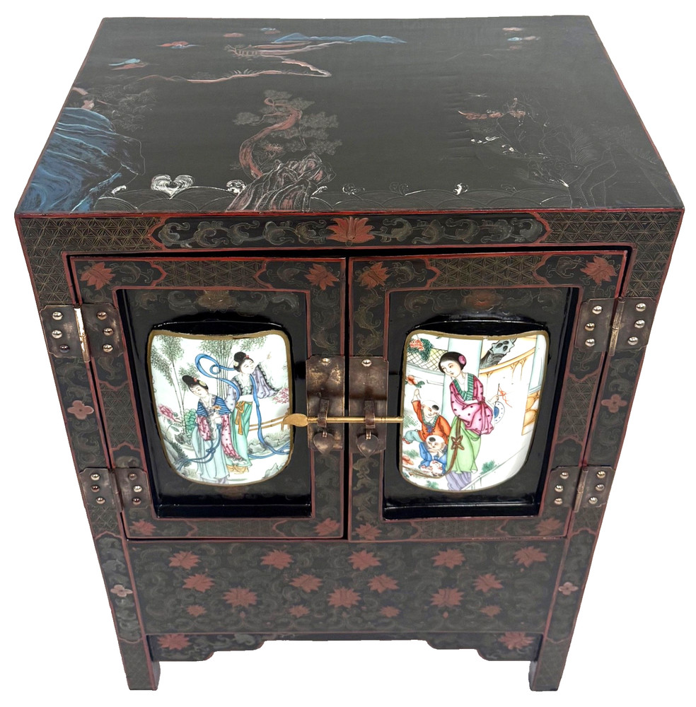 Early 20th-C Chinoiserie Lacquered Hand Painted Cabinet Porcelain Panel Door