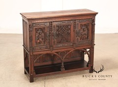Antique Neo-Gothic Carved Oak Sideboard Server With Figural Panels