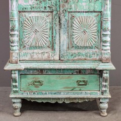 Vintage Indian 2 Door Carved & Painted Glass Front Cabinet