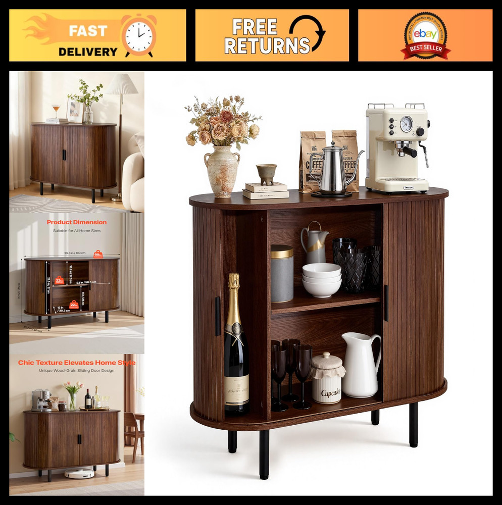 Mid Century Coffee Bar Cabinet with Storage, 2 Sliding Doors, Sideboard Buffet f