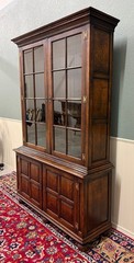 Antique English Large Bookcase Bookshelf Cabinet Double Door Glass Oak c. 1910s