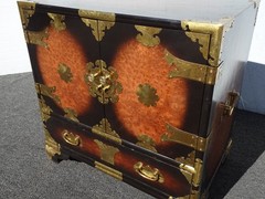 Vintage Asian Korean Tansu Style Burl Cabinet Side Table w Brass Hardware