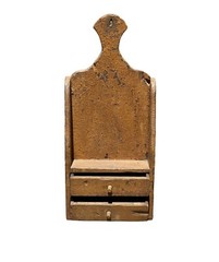 ANTIQUE QUEEN ANNE WALL HANGING TWO DRAWER SPICE CABINET IN OLD MUSTARD PAINT