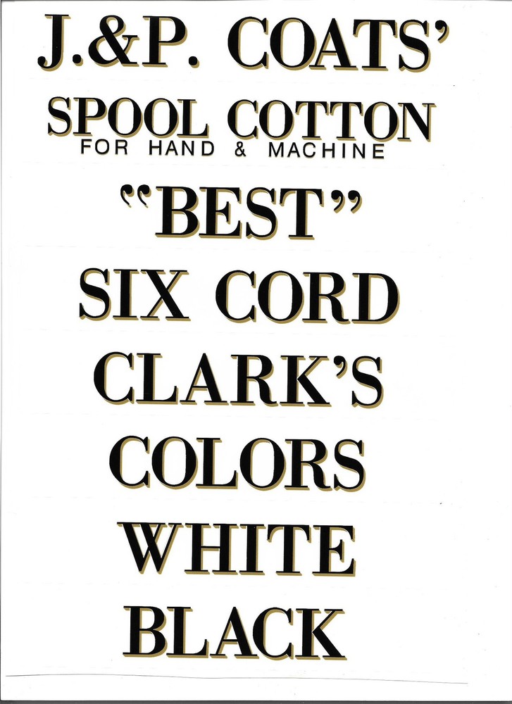 J & P COATS SPOOL CABINET DECALS 8 PIECE SET -BLACK LETTERS WITH GOLD SHADOW
