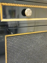 RARE CHIC 40’s GROSFELD HOUSE BLACK LACQUERED CABINET w/ CANE WORK & BRASS