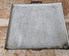 Antique Hoosier Cabinet Metal Flour Bin Sifter Hand Crank Glass Window 22 3/4″ h