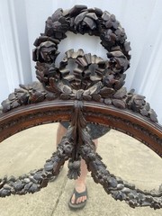 Antique Victorian Walnut Carved Mirror with Garland Swags Black Forest Look