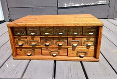 Antique Oak 15 Drawer Counter Top Store Hardware Cabinet 1900s Era