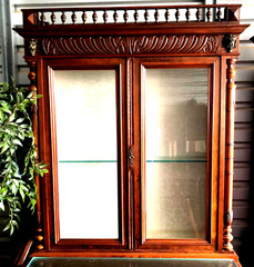 Rare LG Matching Pair Antique French Walnut Hutches Carved Cameos Lions Columns