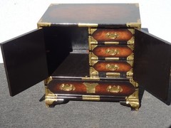 Vintage Asian Korean Tansu Style Burl Cabinet Side Table w Brass Hardware