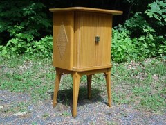 Vintage Mid Century Modern Blonde Tambour Door Cabinet Table Stand