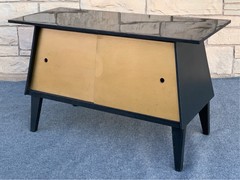 Mid Century Modern Hand Made Black Gold Trapezoid Sliding Door Cabinet Credenza