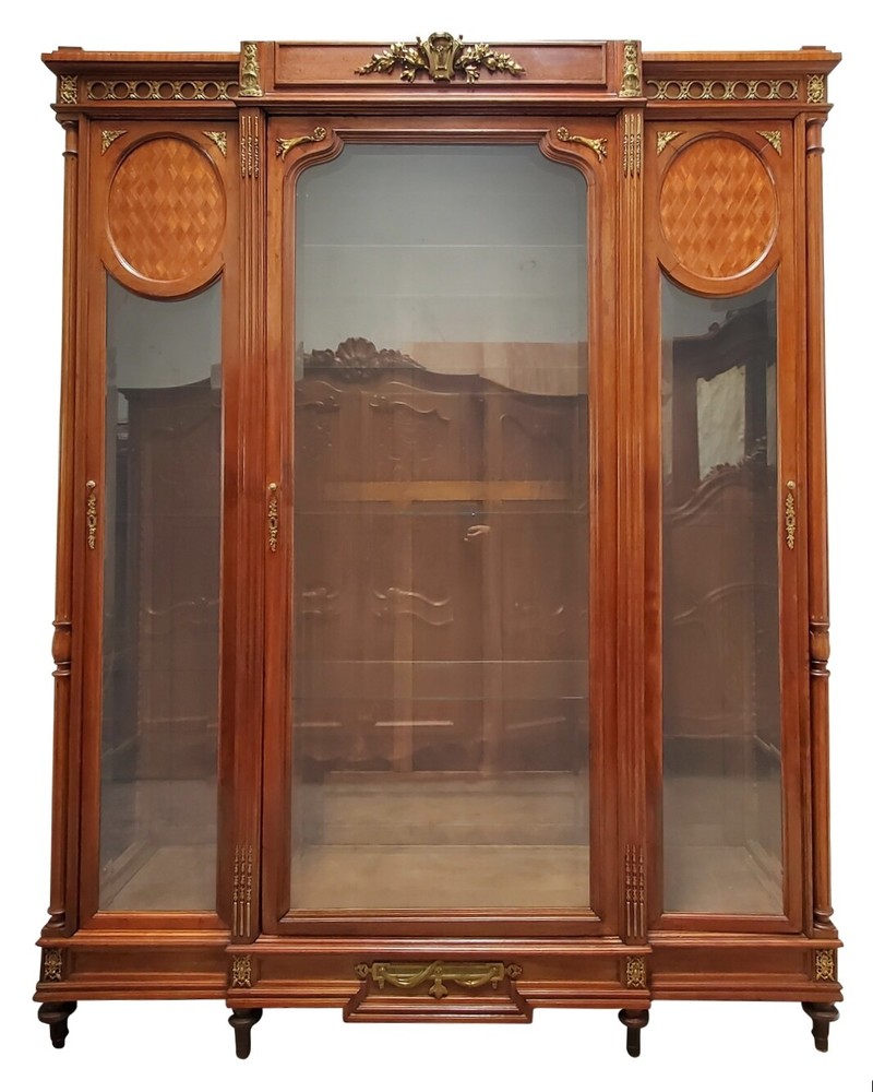 French Inlaid & Ormolu Mounted Display China Cabinet Display Breakfront 1890s