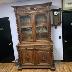 ATQ 1880 Rare French Hunt Cabinet Renaissance Carved Oak Black Forest Bookcase