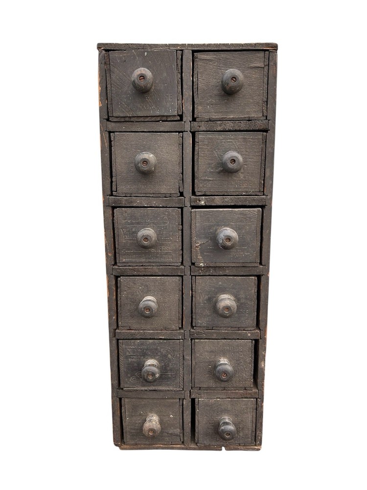 Antique Apothecary Cabinet Wood Cheese Box 12 Drawers