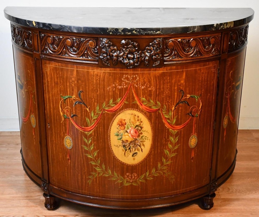 1910 Antique French Walnut & Satinwood Hand painted and Marble topDemi-lune
