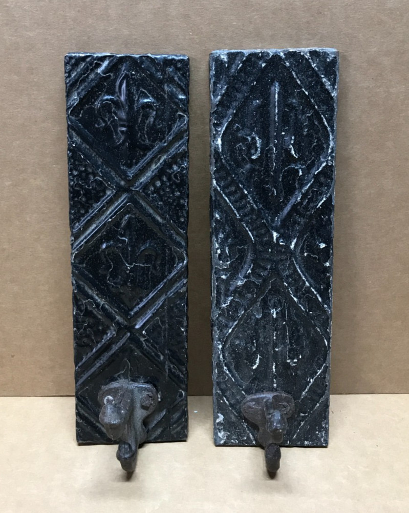 VTG Set 2 Decorative Tin Ceiling Metal Single Hook Wall Rack Plaque Old 406-26B