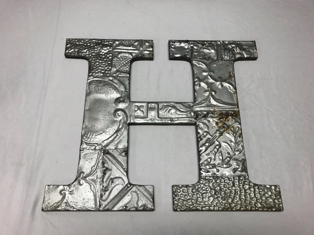 Decorative Salvaged Tin Ceiling 16″ Patchwork Silver Metal Letter H Old 1627-23B