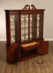 China Cabinet Display Bookcase with Carved Pediment and Silk Backing