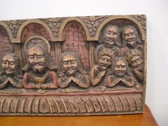 19th C LAST SUPPER ICON FROM 1 1/4″ THICK BOARD HAND CARVED 19 X 9″ HAND PAINTED