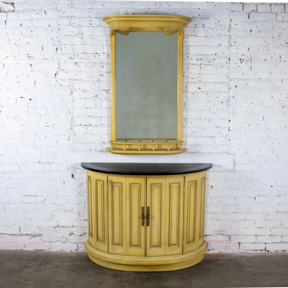 Vintage Neoclassic Revival Blonde Oak Demilune Cabinet or Console and Mirror