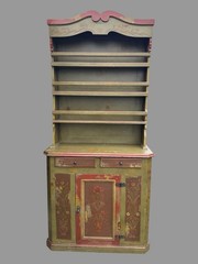 Primitive Antique French Country Style Floral Paint Decorated Step Back Cupboard