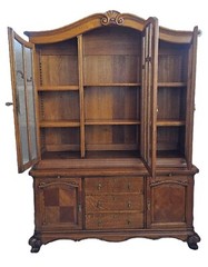 Vtg Country French Louis XV Quarter Sawn Oak China Cabinet Hutch Carved 1930s