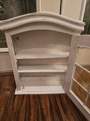Antique Distressed White Wood WallMount/FreeStand Small Curio W/Glass Door &…