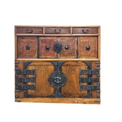 Asian Pattern Brown Black Hardware Drawers Accent Storage Cabinet GB319
