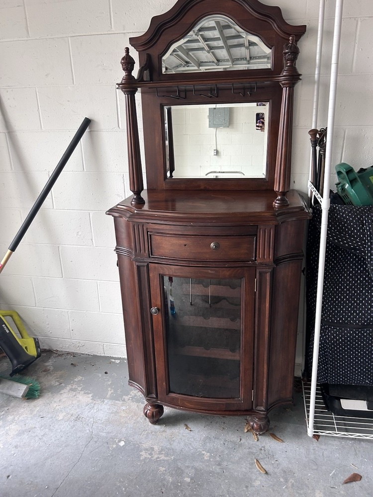 Antique Brown Wood Cabinet with Mirror, Glass Doors, Drawer, Adjustable Shelves
