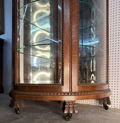 Antique Oak Corner Curio China Cabinet Beveled Glass Carved 80.75″ with Casters