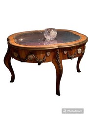 Display Curio Table Bronze Mounts Curved Glass Louis XV with porcelain decor.